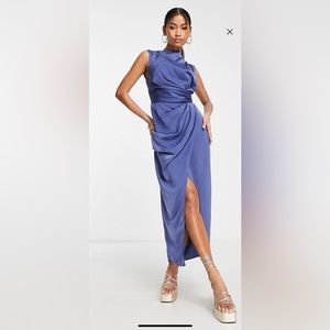 ASOS DESIGN satin drape dress with wrap skirt in blue